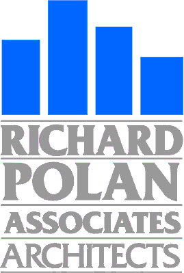 Logo of richard polan associates architects featuring three vertical blue bars and company name.