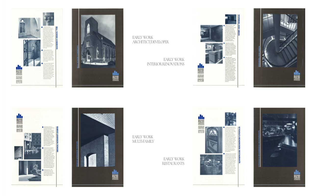 A series of eight blue-toned architectural brochure spreads with photos and descriptions.