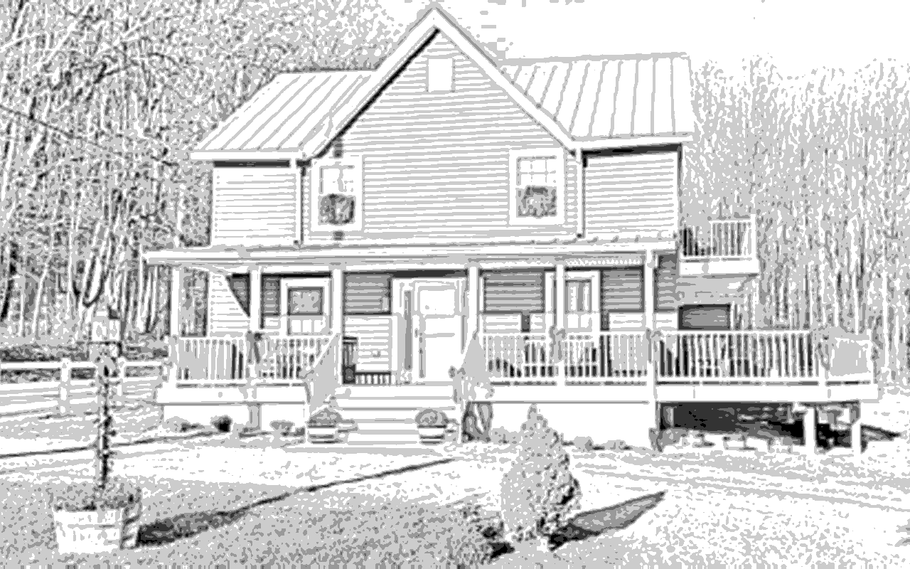 A sketch of a two-story house with a front porch and surrounding trees.