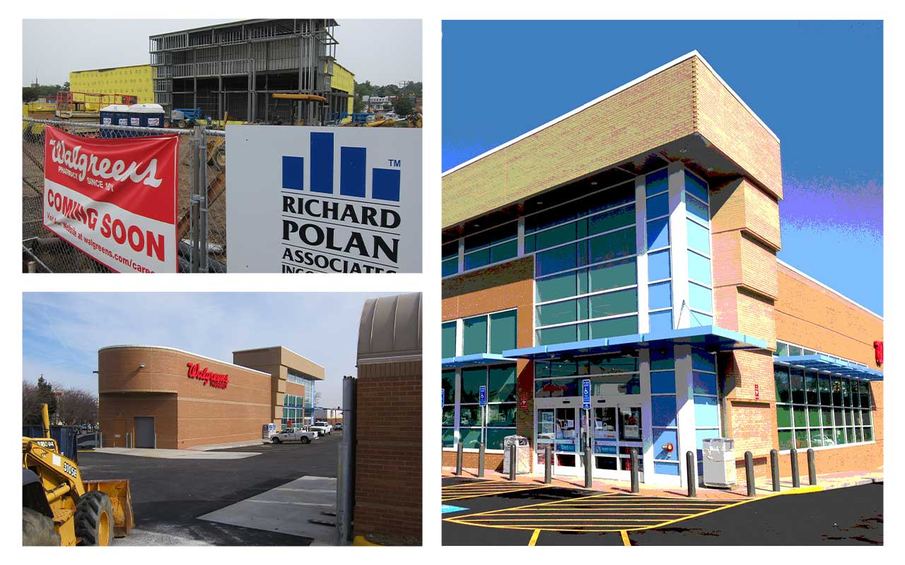 Construction and completion stages of a walgreens store building.